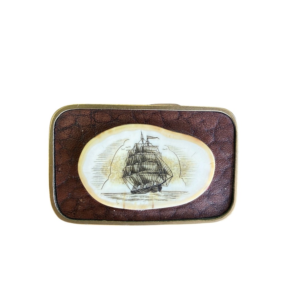 Vintage Hand Cast Solid Brass Scrimshaw Sailing Ship Belt Buckle Made in USA